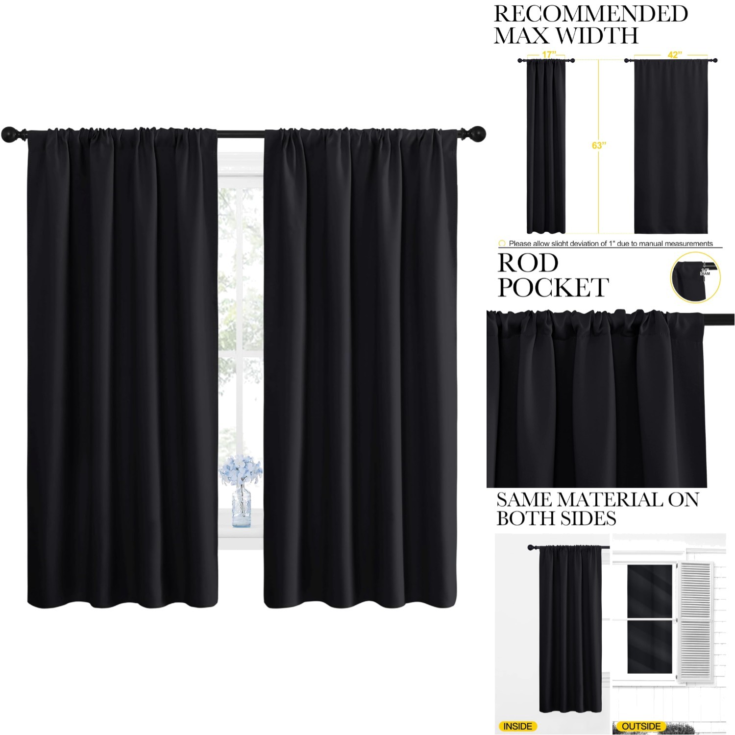Black Blackout Window Curtains Thermal Insulated Sun Blocking Rod Pocket Panels