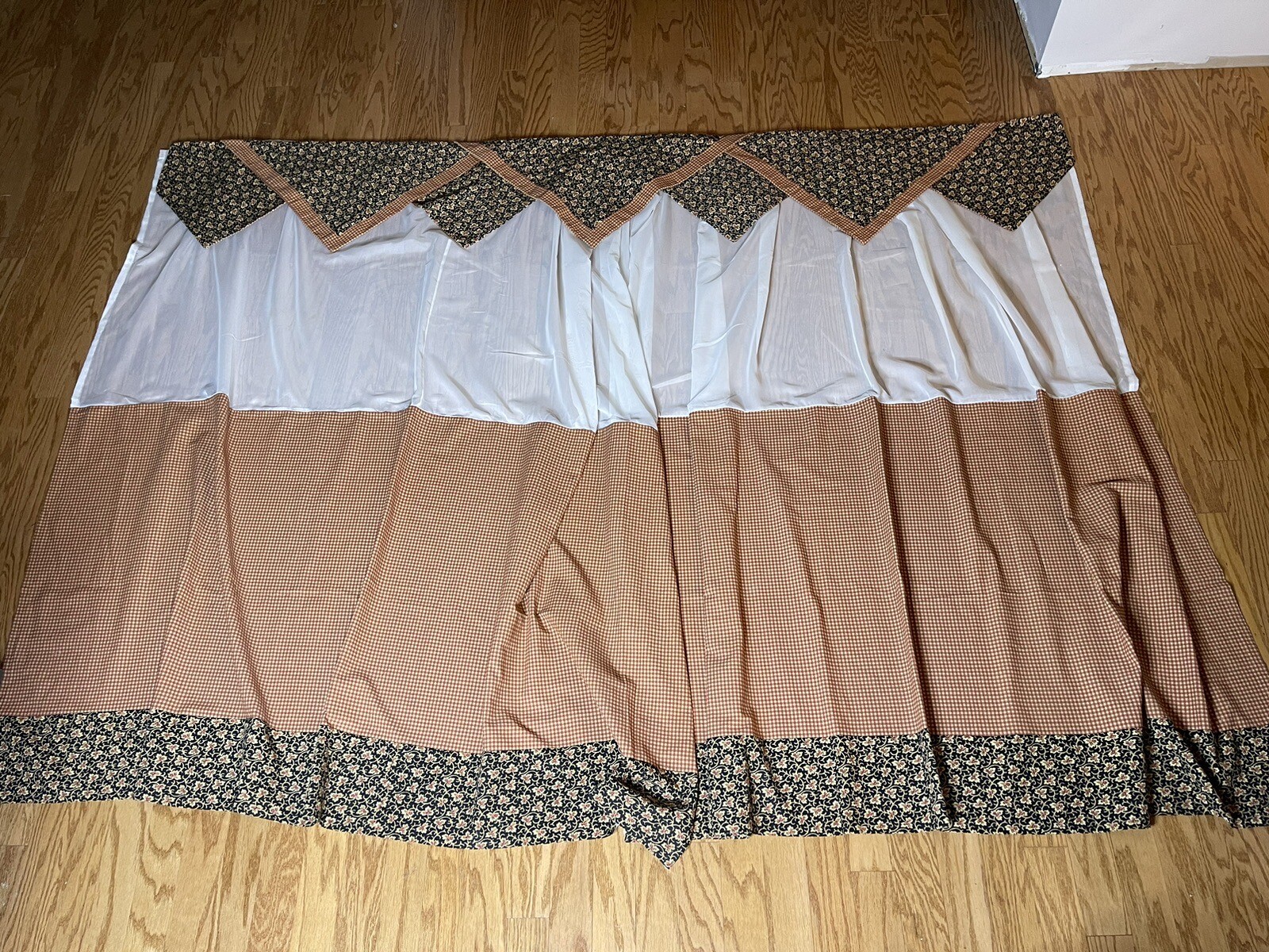 Vtg Custom Valance (96″ W) & 2 Panels (73″W) Black Floral Orange Check GORGEOUS!