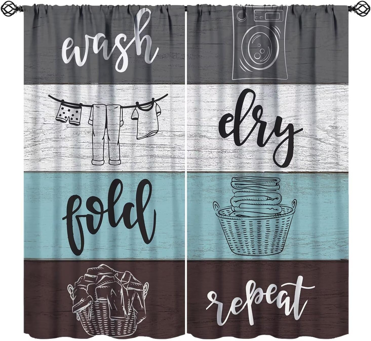 Laundry Room Curtains,Dry Wash Fold Repeat Grey Blue White Brown Farmhouse Wood