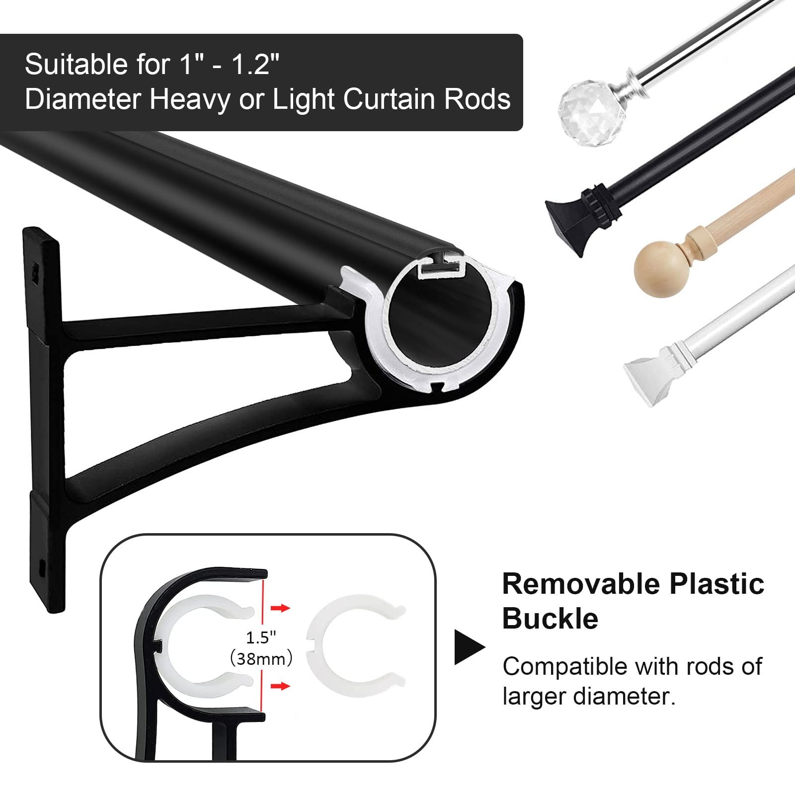 4 PCS Black Single Heavy Duty Aluminum Alloy Wall Mount Curtain Rod Brackets