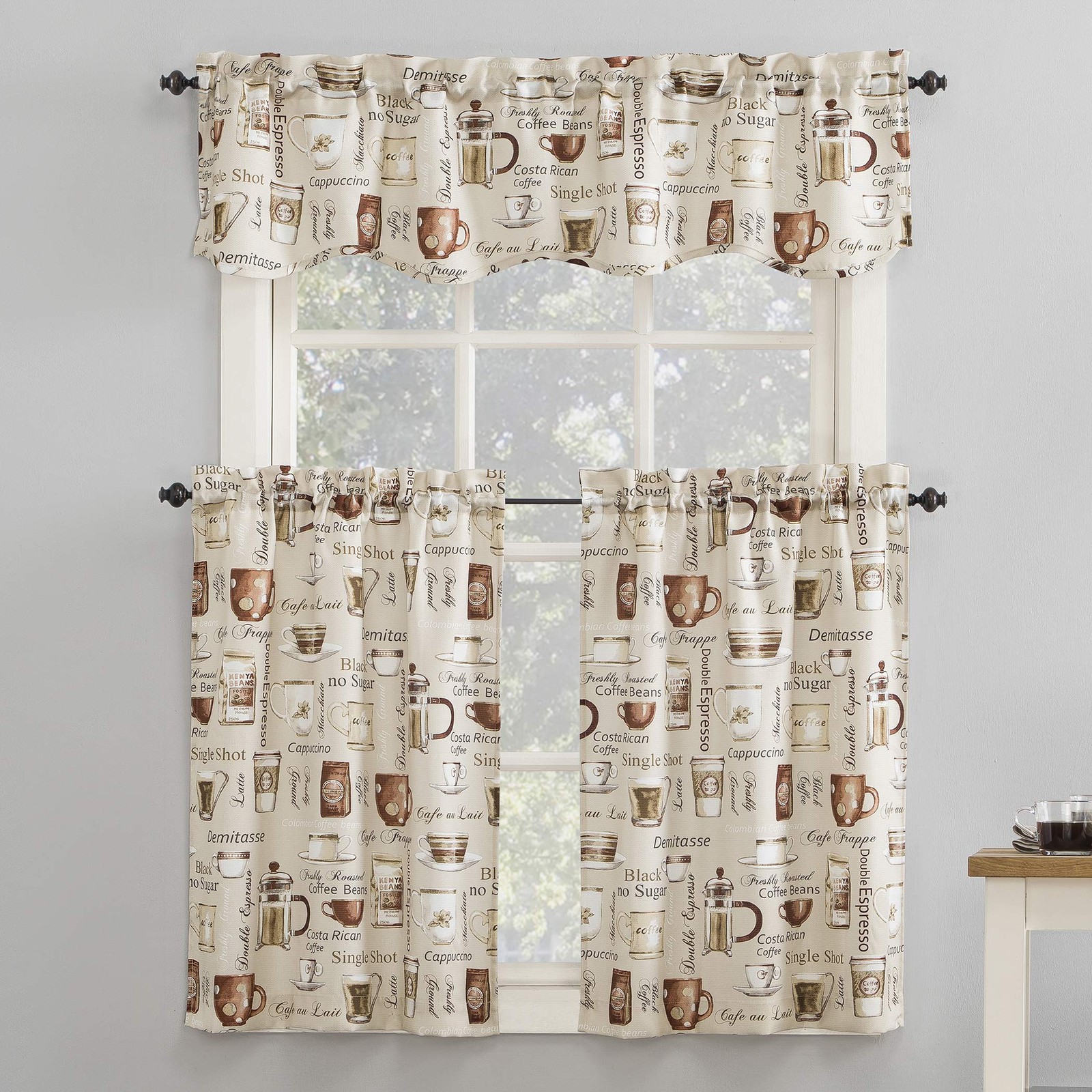 Bristol Coffee Semi-Sheer Rod Pocket Kitchen Curtain Valance and Tiers Set, 5…