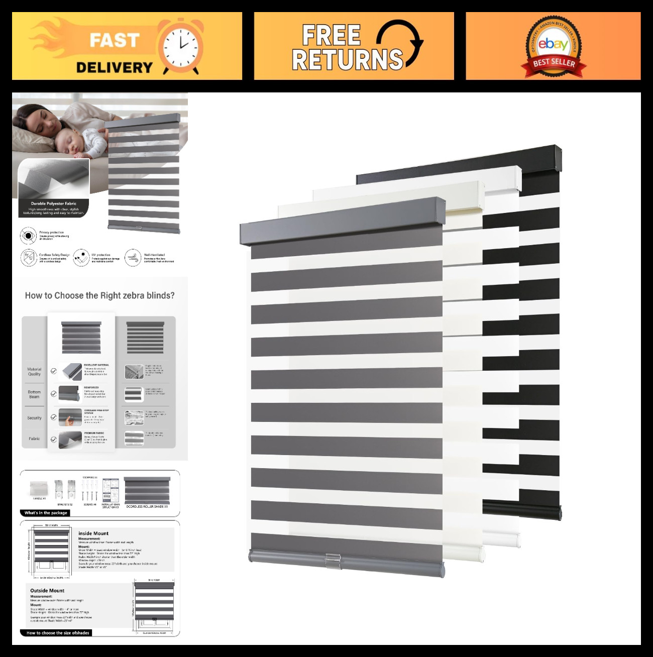 Cordless Zebra Blinds 27″x72″ – Dual Layer Light Filtering Roller Shades, Easy I