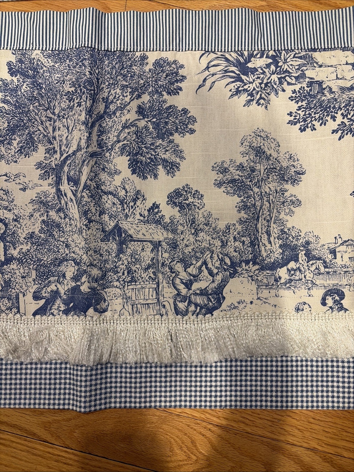 Set 3 Gingham Toile Valances Country Blue/Cream w/ Fringe-Each is 52″ x 16″