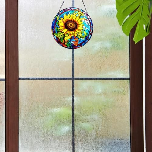 Sunflower Stained Glass Window Hanging, Round Yellow Floral Design for