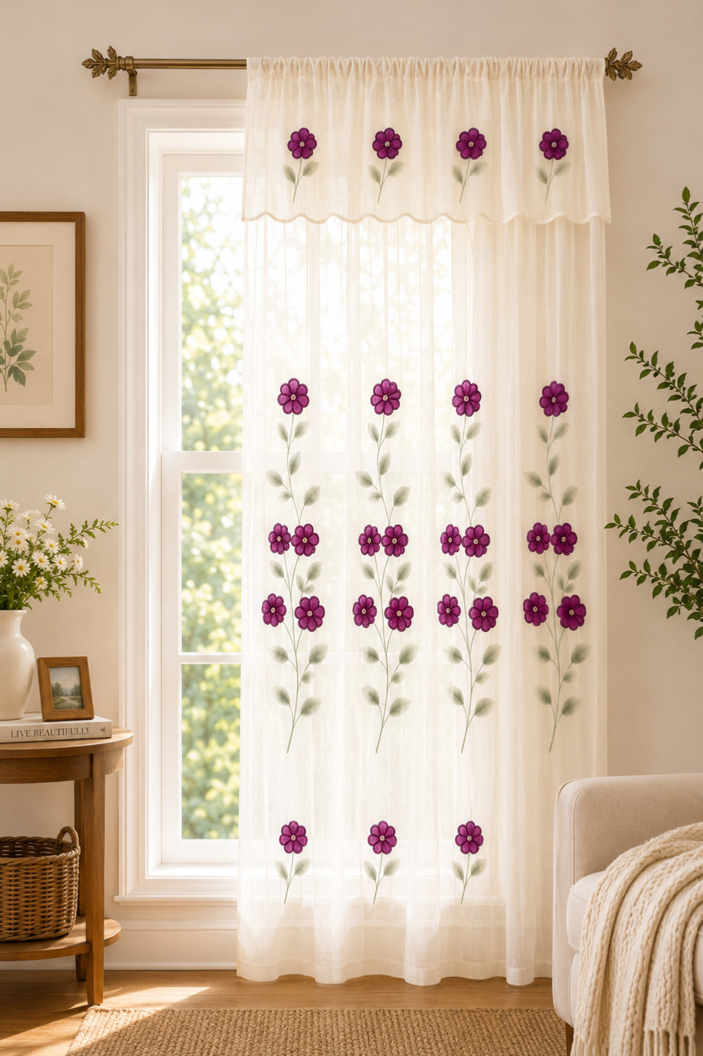 Vintage Ivory Floral Sheer Curtain Panel Double Layer Valance 60 in. x 84 in.
