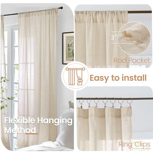 Short Linen Curtains 36 Inch Length for 24″W x 36″L (Pack of 2) Natural