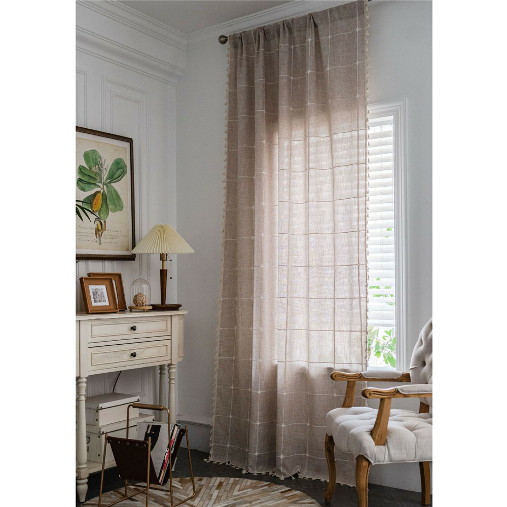 Plain Tassel Curtain Curtain Plaid Embroidery Drape Living Bedroom Decor