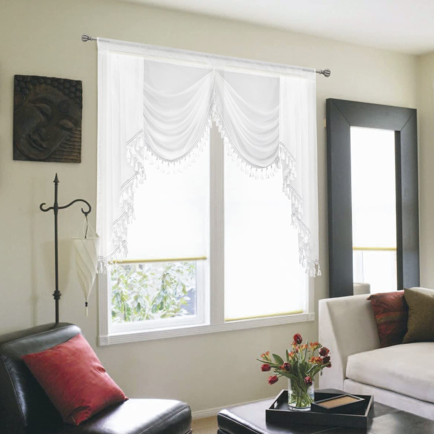 Sheer Window Valances for Living Room Waterfall Tassels Swag Topper Curtains …