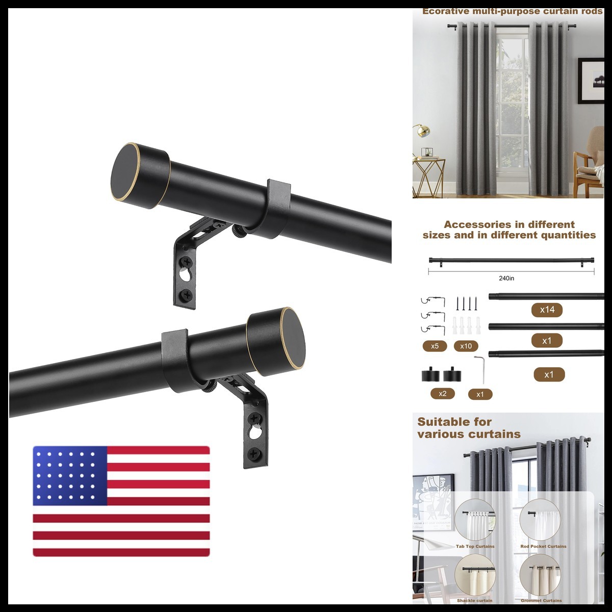 Yajuxiu Black 1-Inch Diameter Curtain Rod Aluminium Finials Adjustable Length