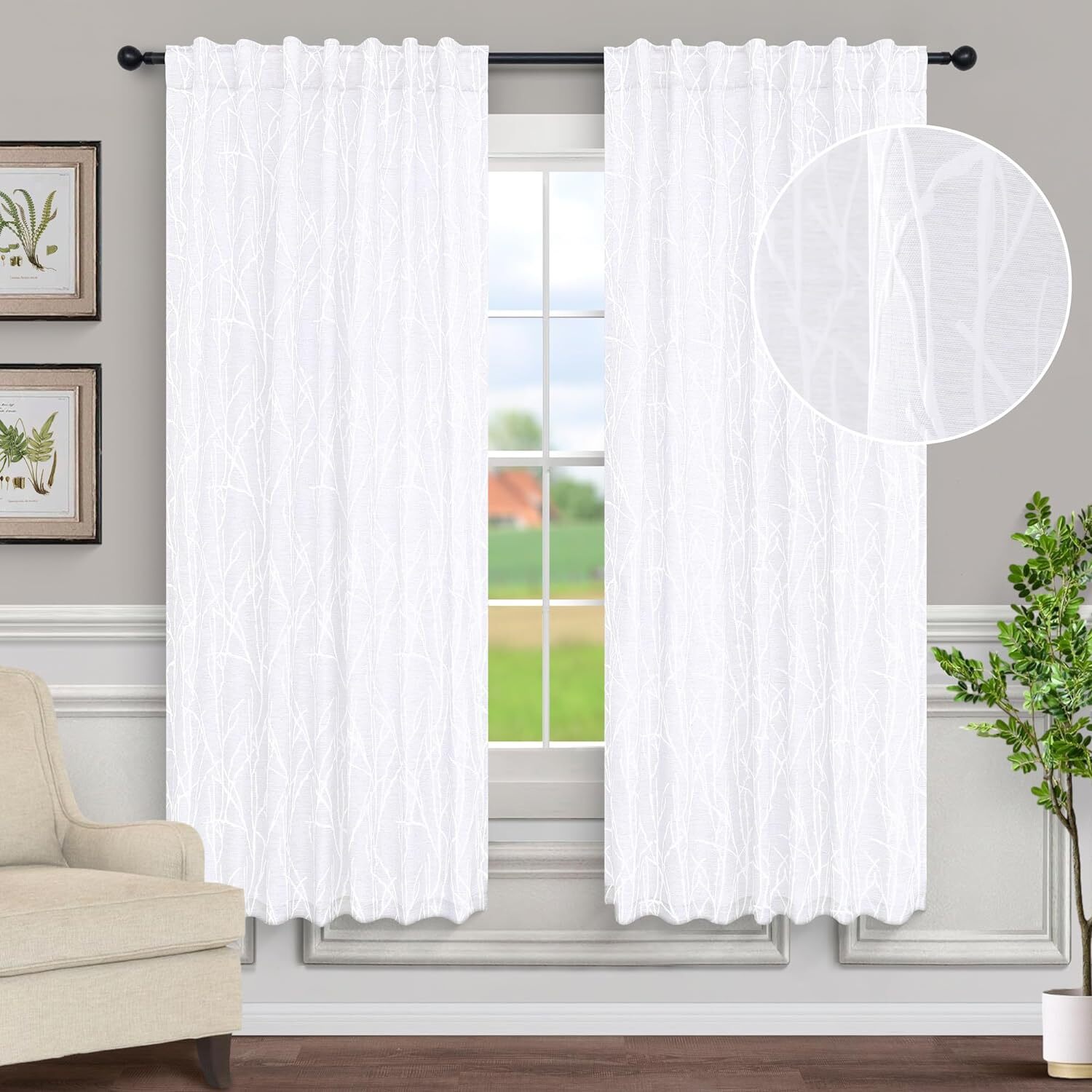 84″ Linen Textured Curtains 2 Panels Gray White Tree Branch Semi Blackout Farmho