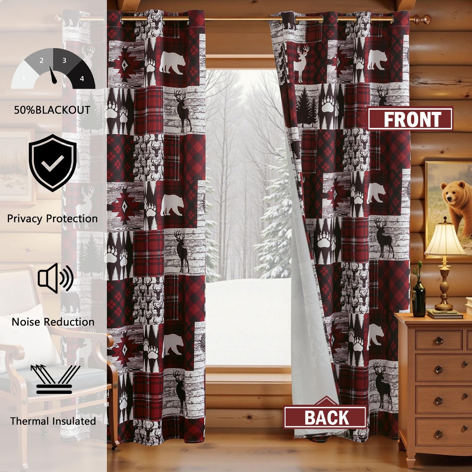 Red Rustic Cabin Curtains 2 Panels Country Style Curtain 50% Light Blocking D…