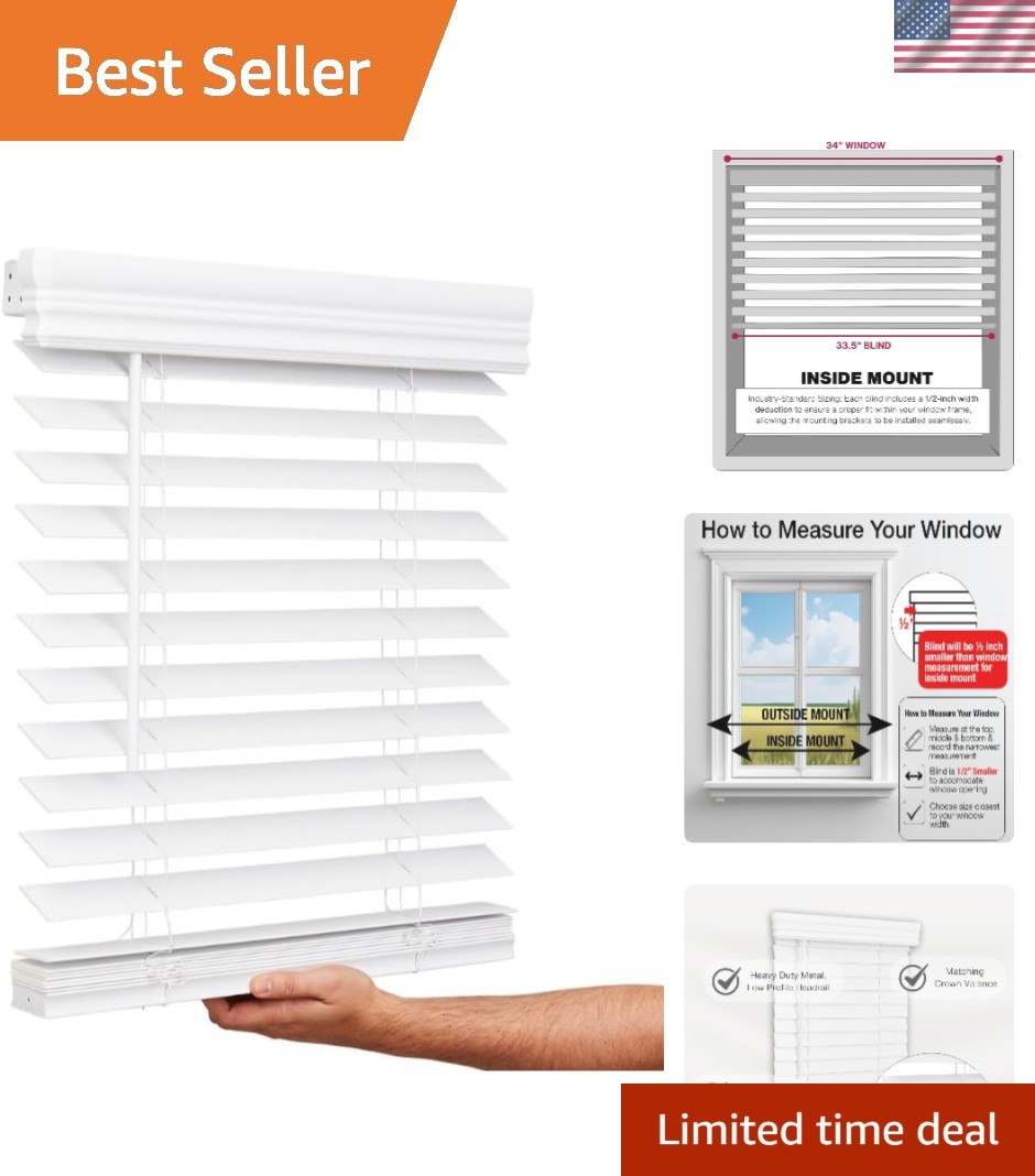 Elegant 34×60 Cordless Faux Wood Blinds in Bright White – Room Darkening Charm