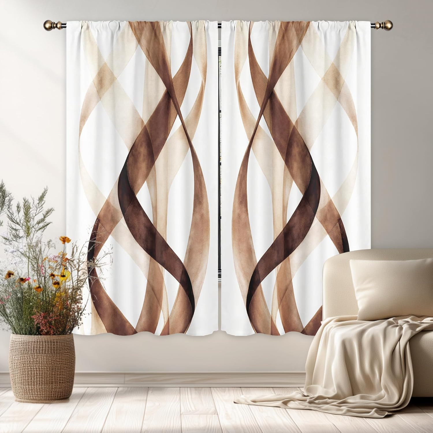 Brown Striped Curtains 42Wx63H Inch Abstract Geometric Modern Spiral Minimalist