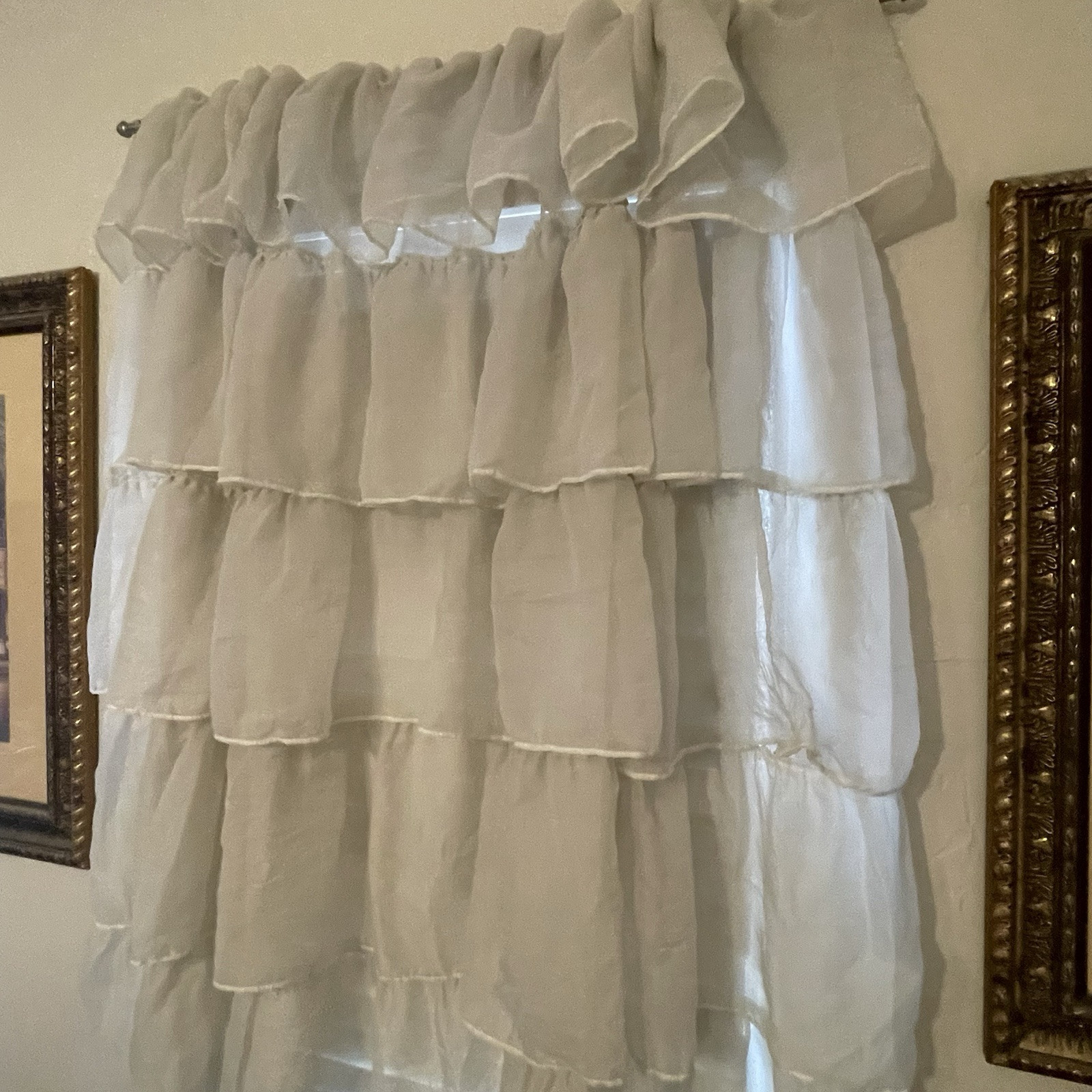 Vtg Curtains Ruffle Tier Sheer Panel Short 50” Long 65” Wide Ivory Buttonhole