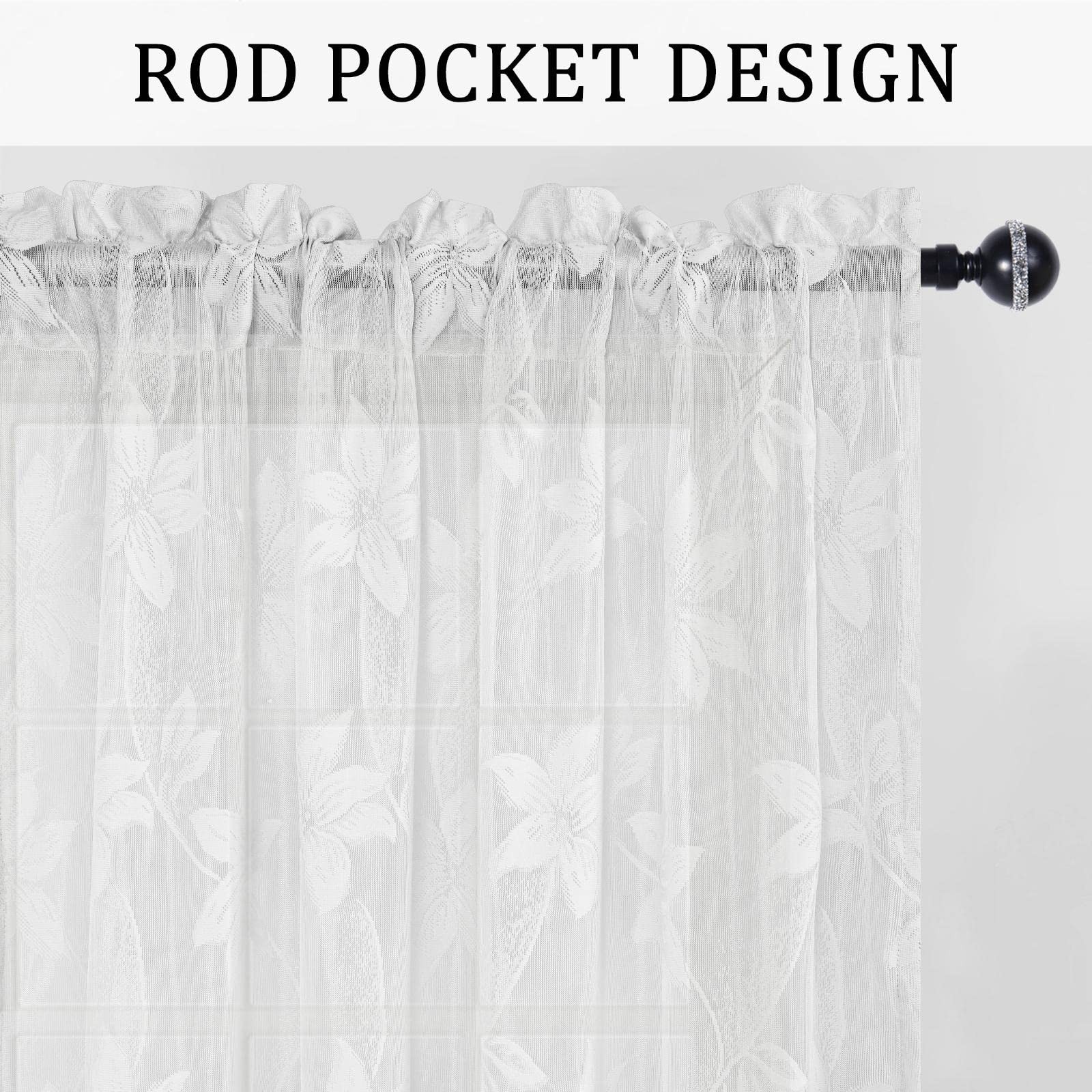 White Floral Lace Sheer Curtains – Rod Pocket Window Voile Sheer Drapes for B…