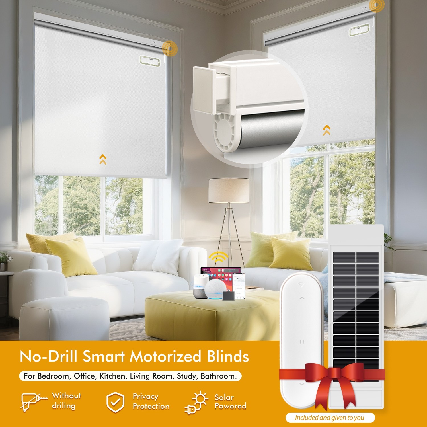 Cordless No-Drill Motorized Roller Blinds with Remote Control Solar Panel Includ