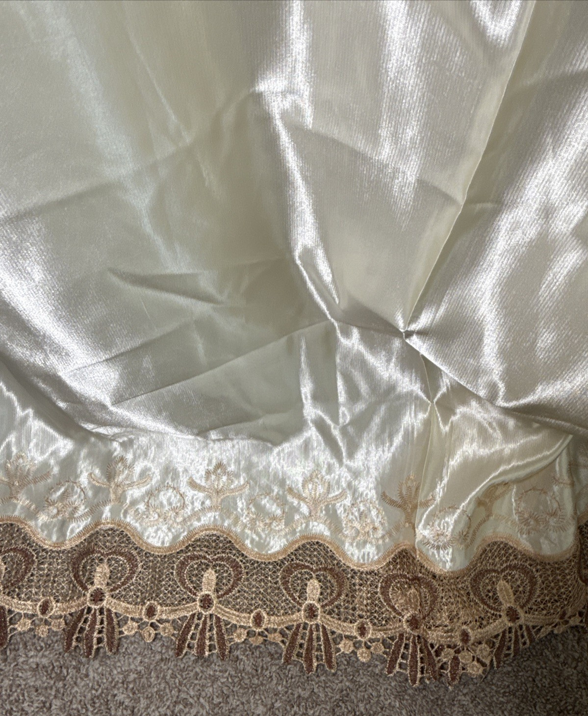Drapes 2 Panels Beige w/ Attached Valance, Shimmer Satin, Sheer Lace 54 X 87”