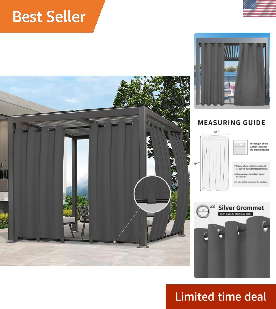 54×84 Inch Windproof Curtains for Patio & Gazebo, Grey Waterproof Design