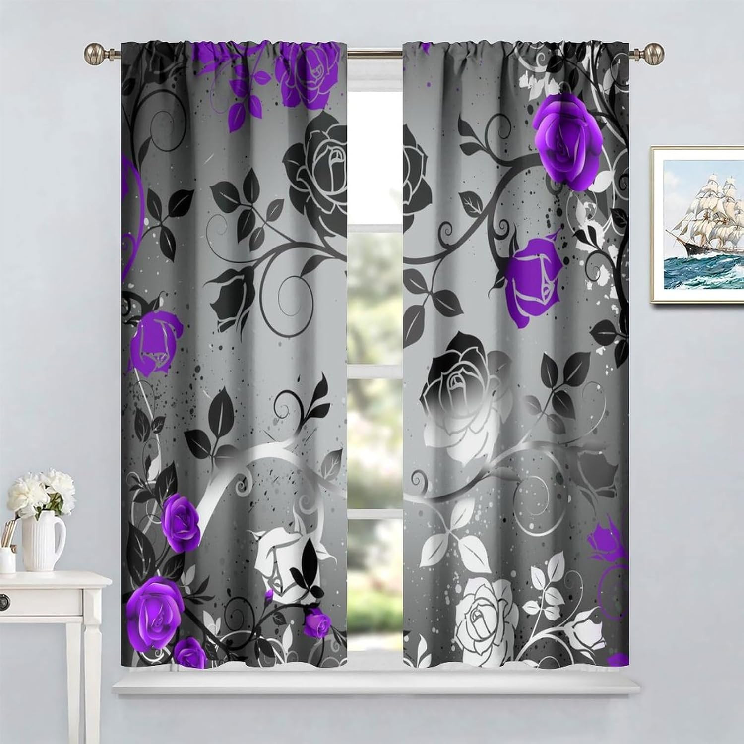 Abstract Grey Purple Rose Floral Curtains Romantic Modern Flower Black Leaves fo
