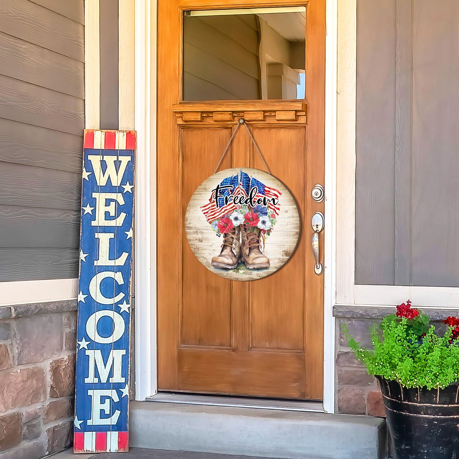 Memorial Day Decorations Patriotic Front Door Sign American Soldier Boots Hangin