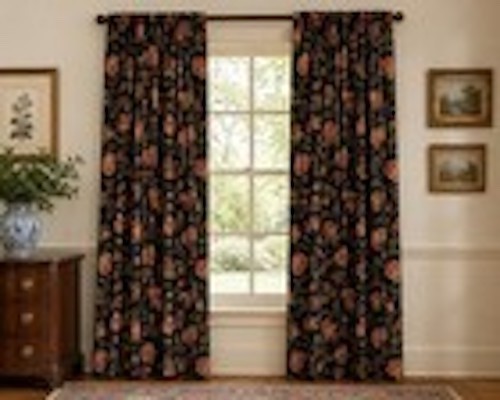 Waverly “Felicite Noir” Floral Jacobean Sateen Curtain 2 Panels Pair 84×48″ EXC!