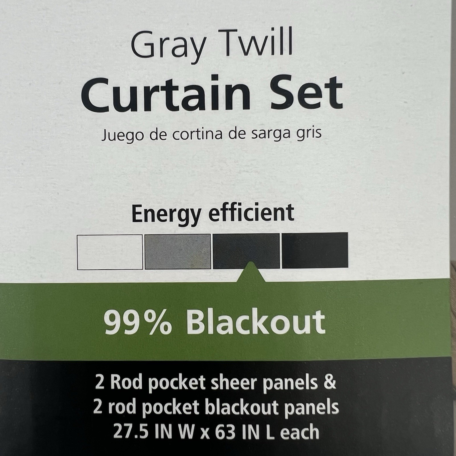 63” Gray Twill Curtain Set 4 Panel Blackout 27.5”W x 63”L Rod Pocket Mainstays
