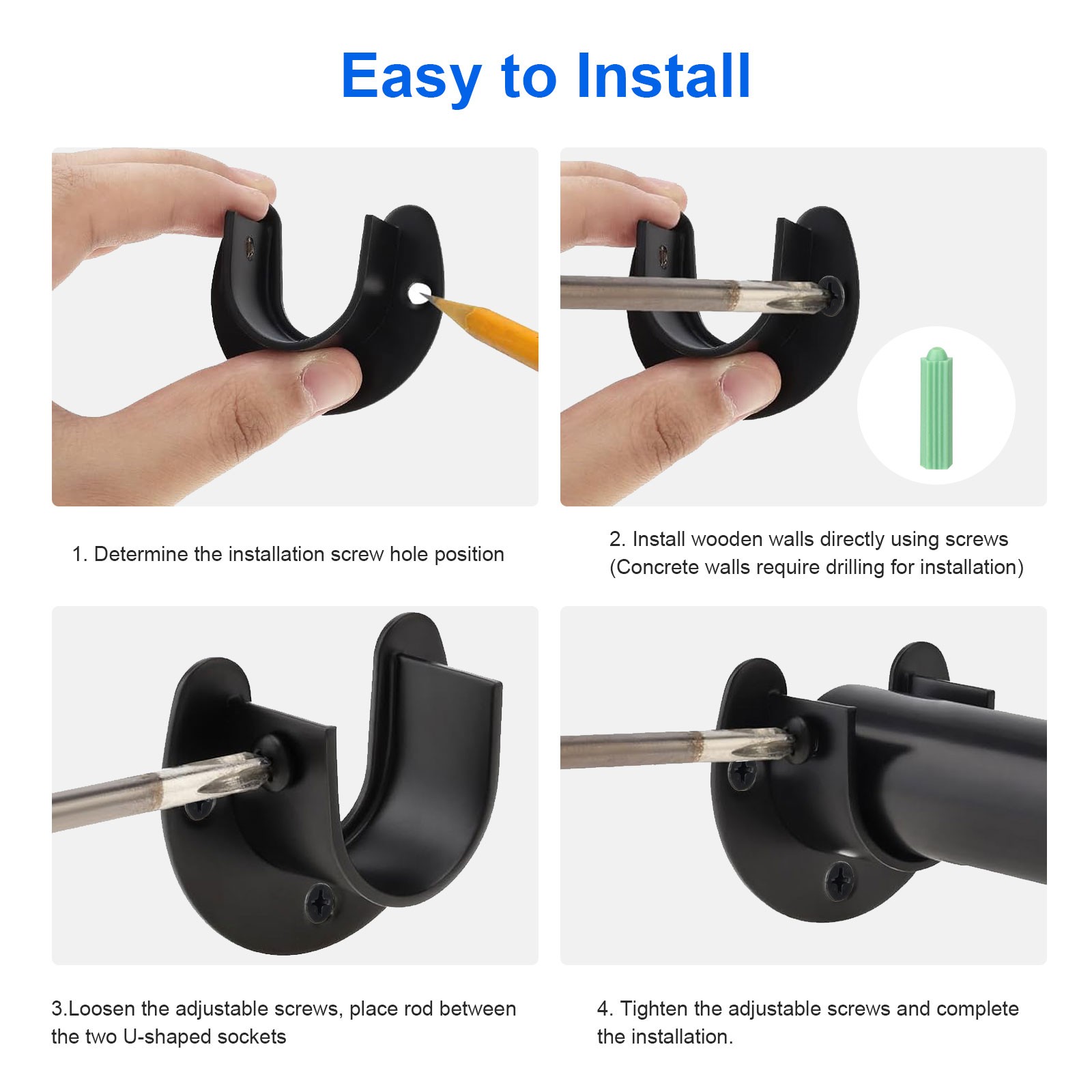 6PCS U Shape Closet Rod Bracket Set – Black Pole Holder with Screws for Wardrobe