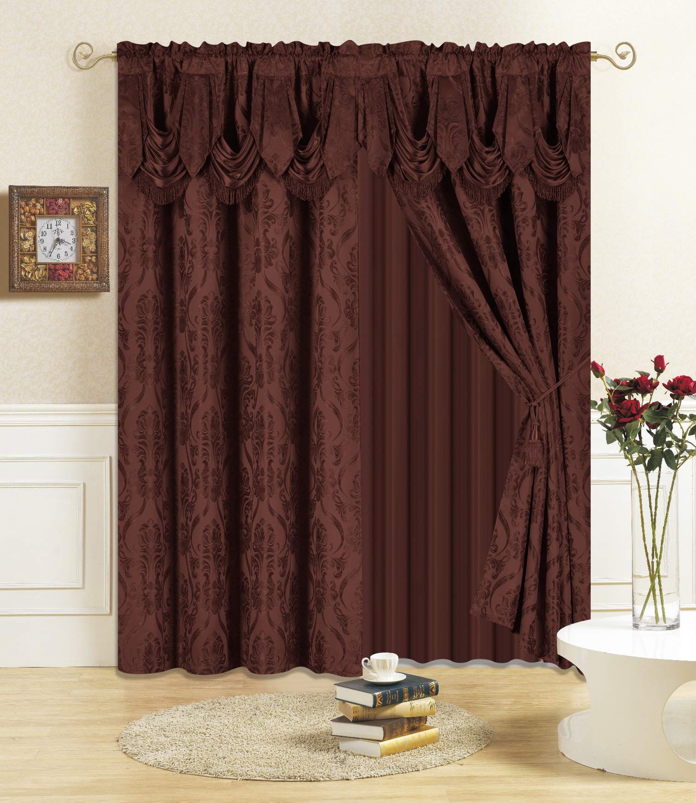 All American Collection 4 Piece Drape Set Attached Valance And Sheer 2 Tie