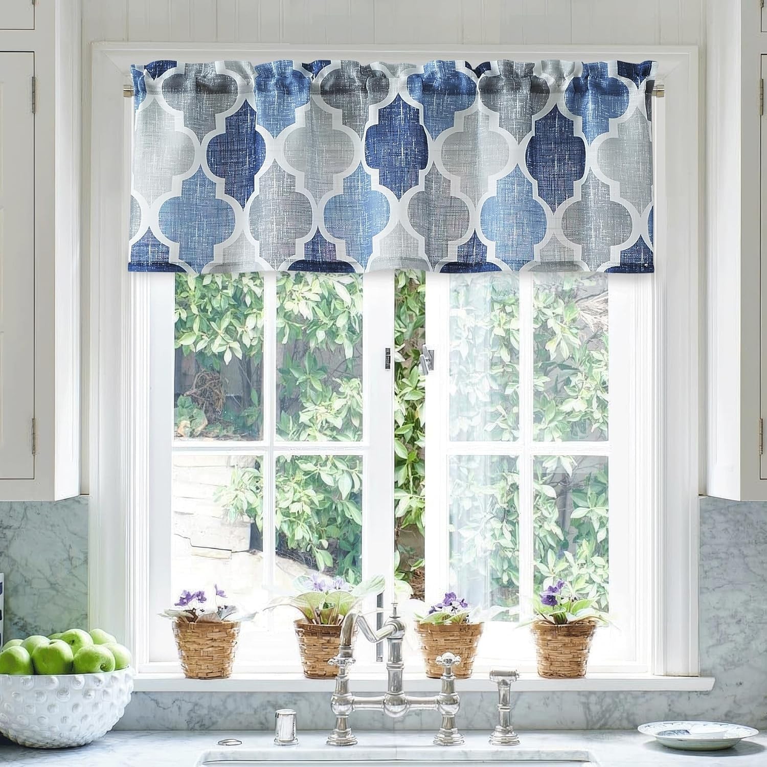 Semi Sheer Valance Curtains Moroccan Tile Print Valance Quatrefoil Linen Texture