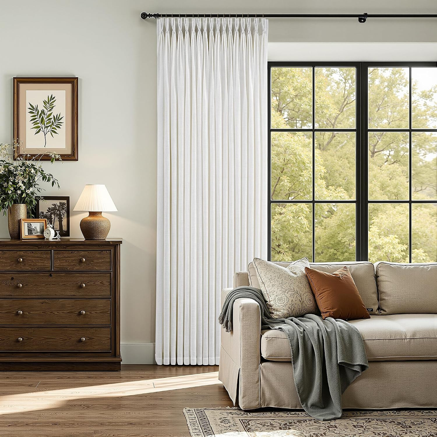 Triple Pinch Pleated Curtains for Living Room 90 Inch Linen Curtains 2 Panels Se