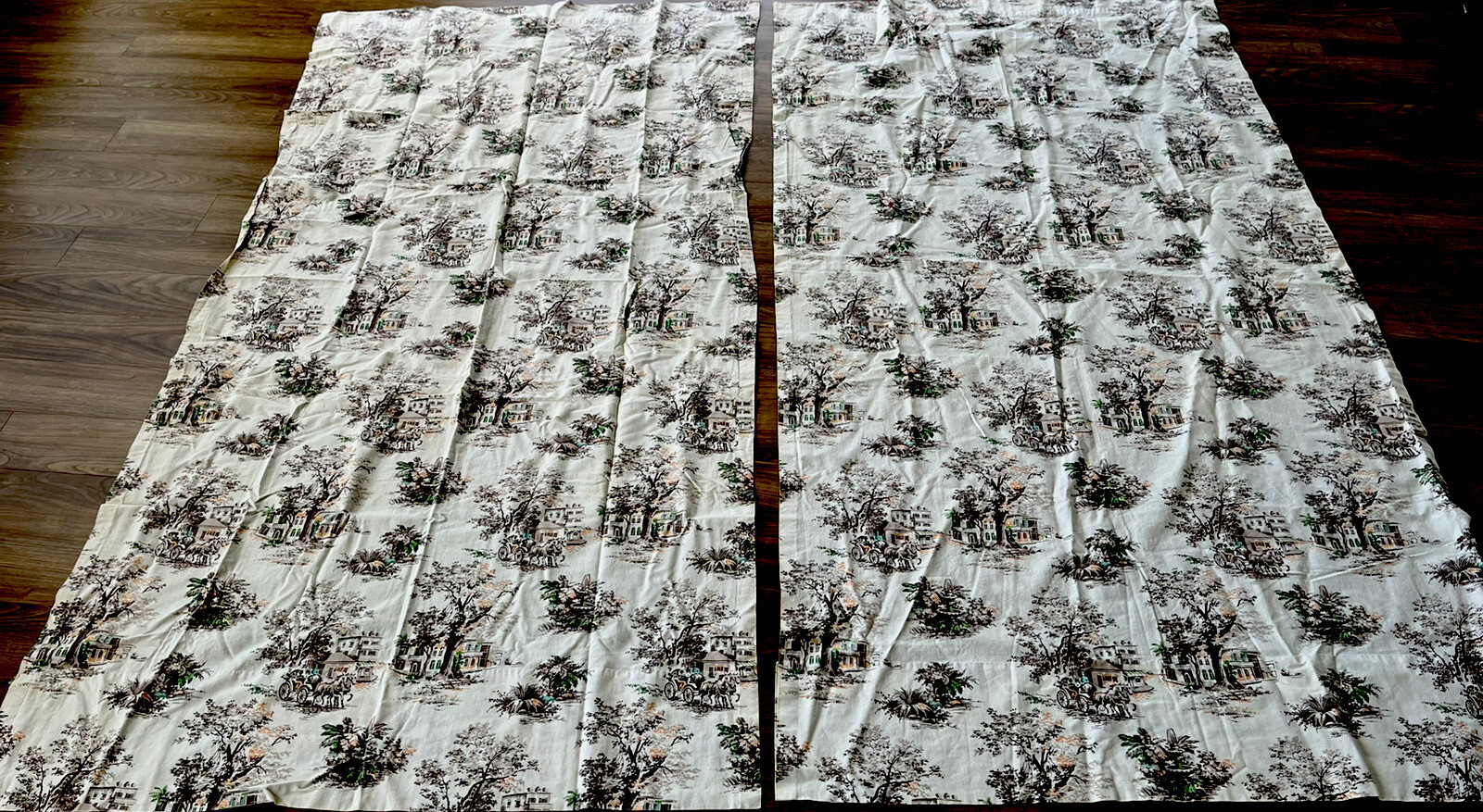 Vintage Toile Drapery Curtains Cottage Decor Horse Buggy Victorian A50