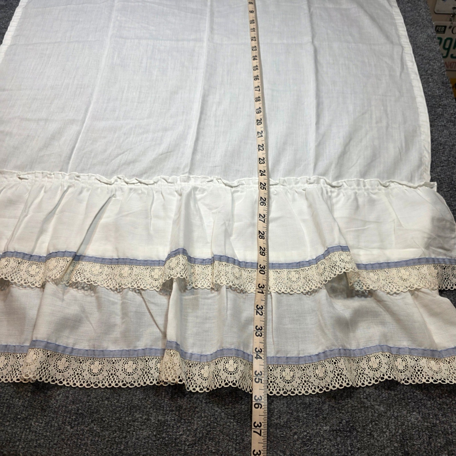 Vintage White Ruffled Cafe Curtains Lace Trim Blue Ribbon Made in USA 36×28 4pc