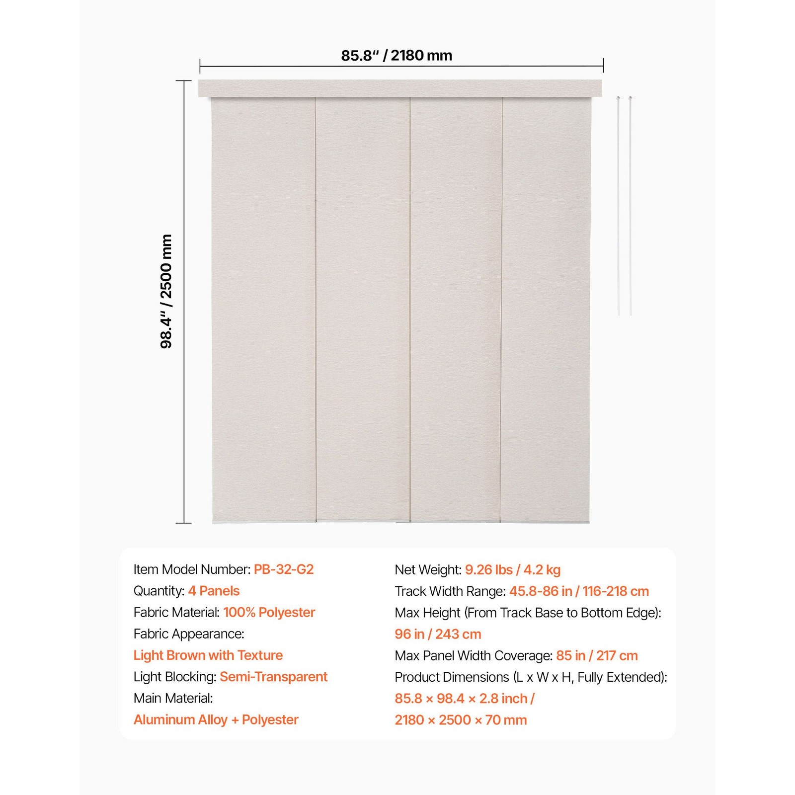 45.8-86in Extendable Vertical Panel Blinds Trim 96in for Sliding Doors