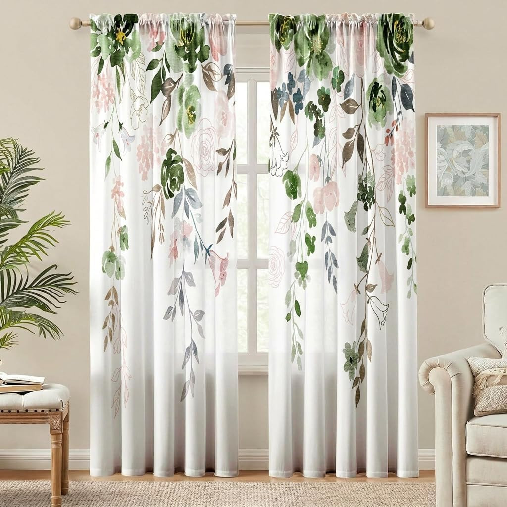 Floral Curtains 84 Inches Long 2 Panels,Vintage Pastoral Farmhouse Light Filteri