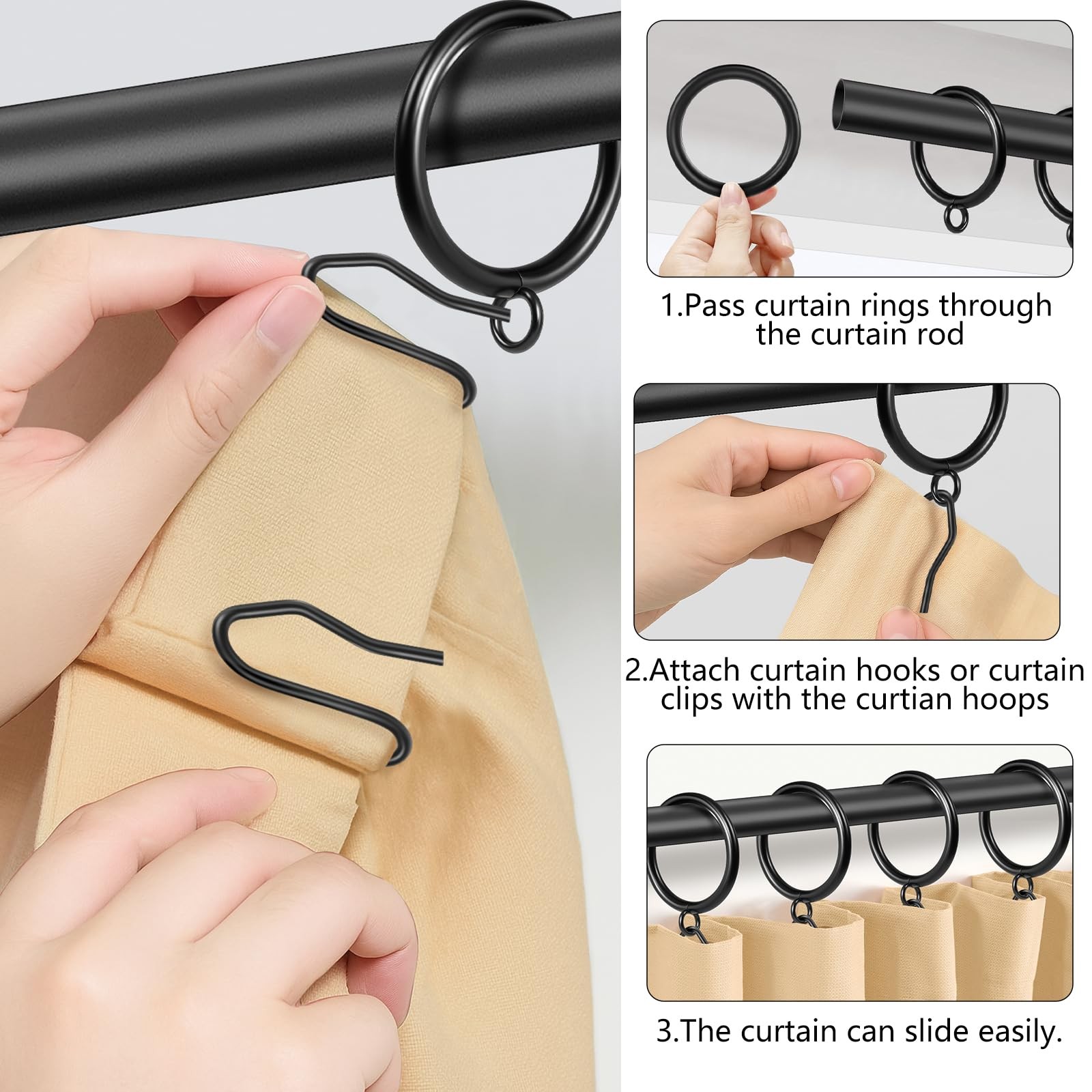 Curtain Rings with Eyelets,48 Pack Metal Black Curtain Rings for Pinch Pleat …
