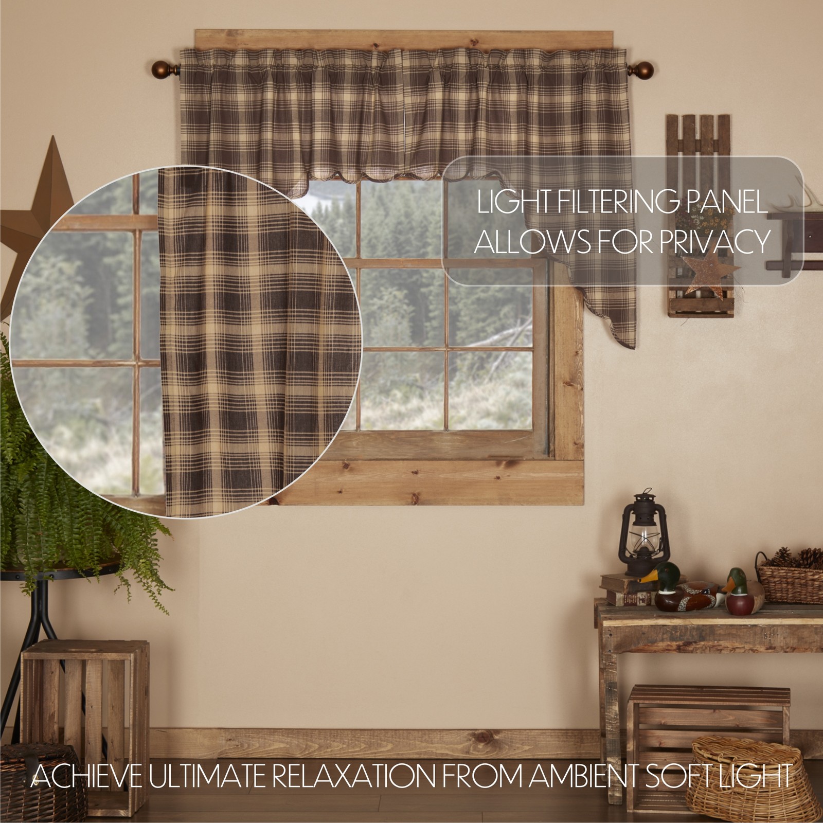 VHC Brands Rustic Swag Pair Brown Rod Pocket Dawson Star Kitchen Window Curtains