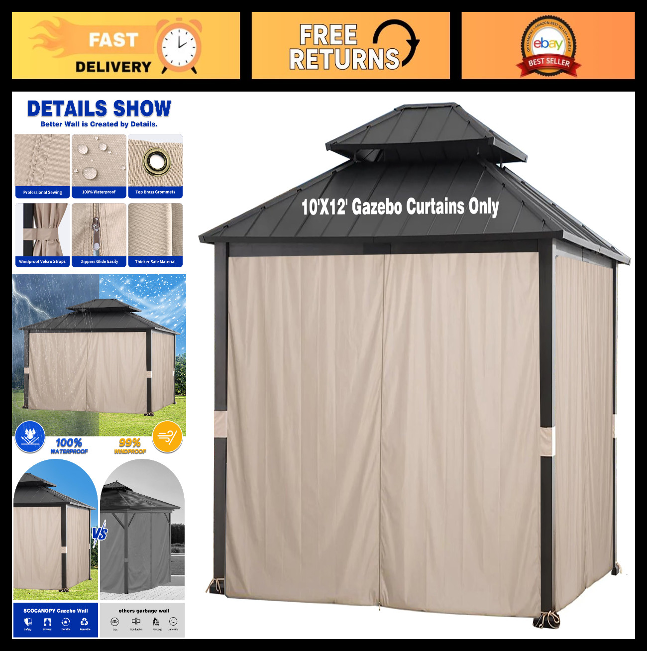 Light Beige 10′ x 12′ Gazebo Privacy Curtain Set for Outdoor Patio Canopy Shelte