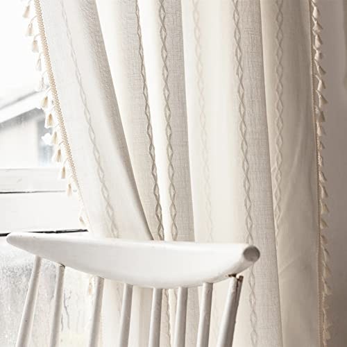 Boho Curtains 84 Inches Long for Bedroom Living 52″W x 84″L (Pack of 1) White