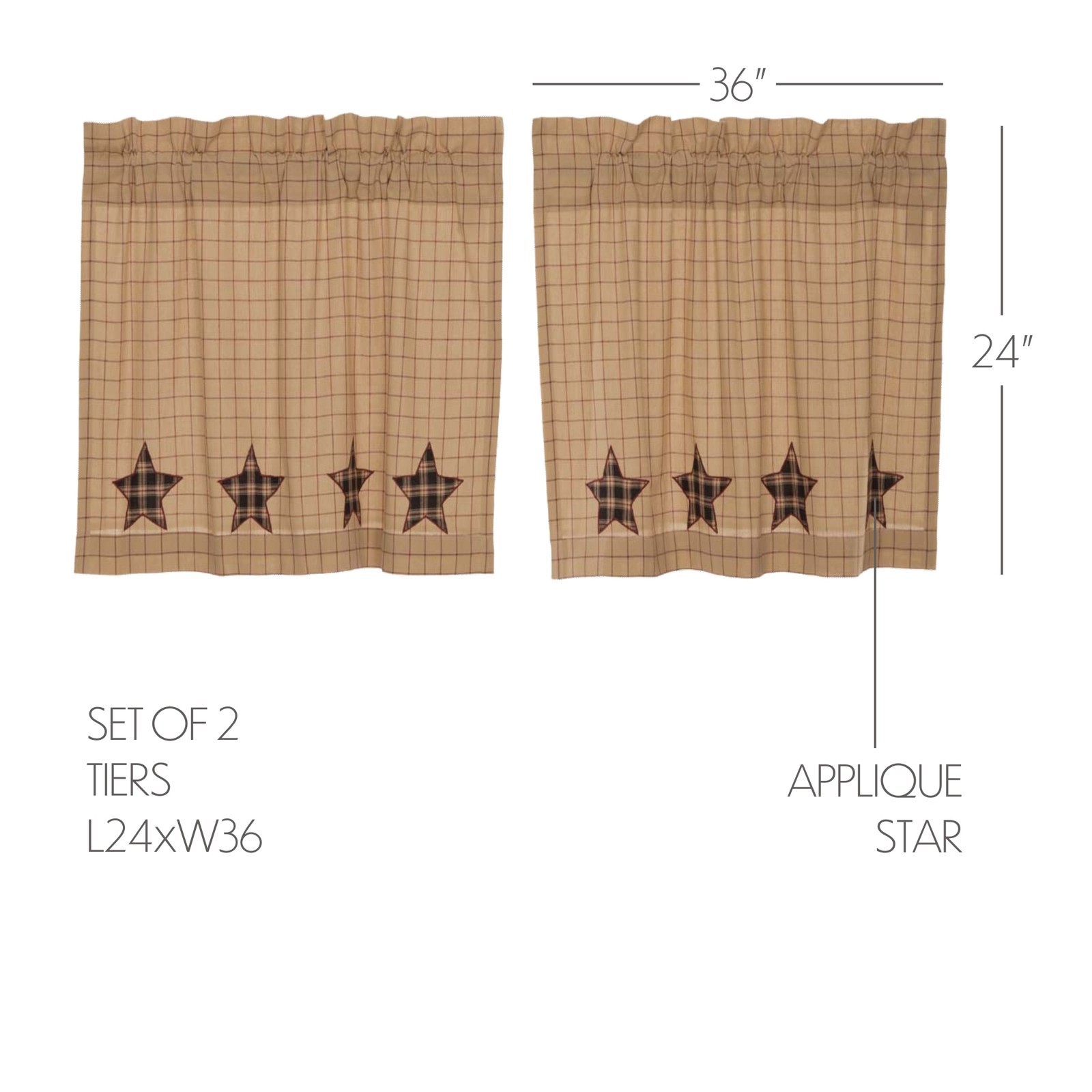 Primitive 24″x36″ Star Tier Pair Black Rod Kitchen Window Curtains VHC Brands