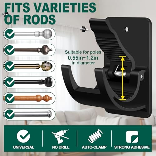 No Drill Curtain Rod Brackets, 6 PCS Self Adhesive Curtain Hooks 6 Pcs Black