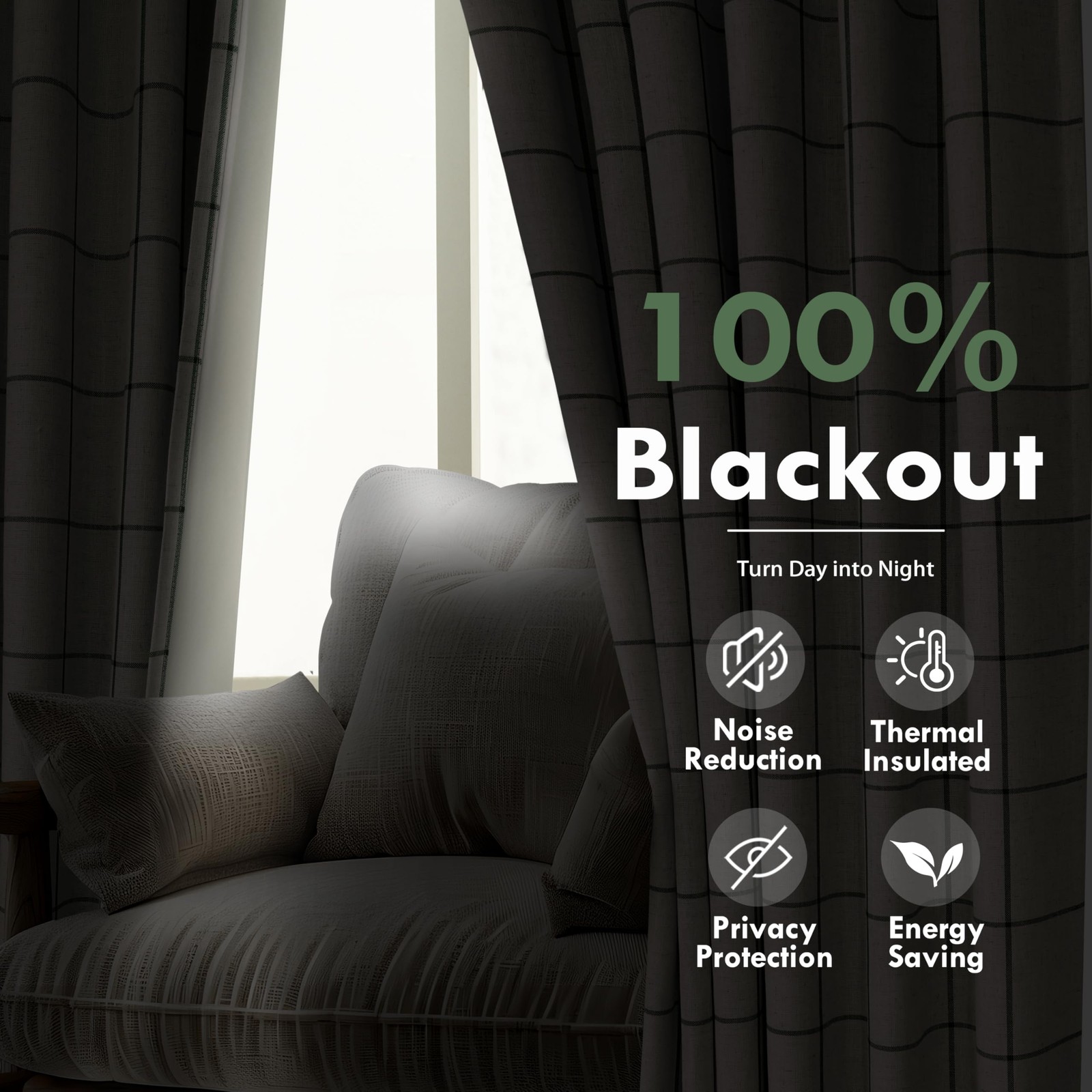 DriftAway 100% Blackout Windowpane Plaid Linen Curtains Double Layer Farmhous…