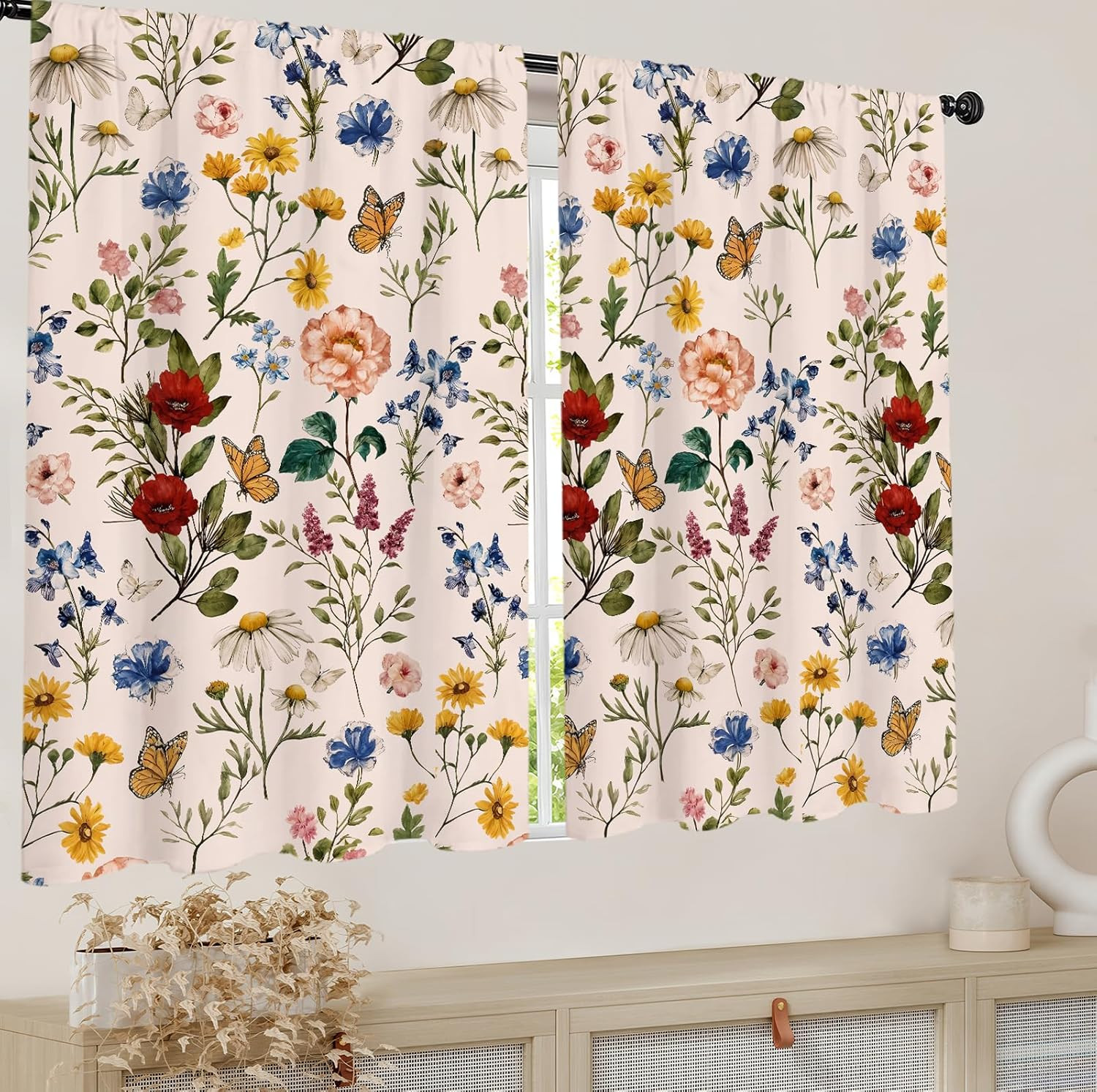 Vintage Floral Kitchen Curtains 27.5W X 39L Inch 2 Panels Farmhouse Flower Cotta
