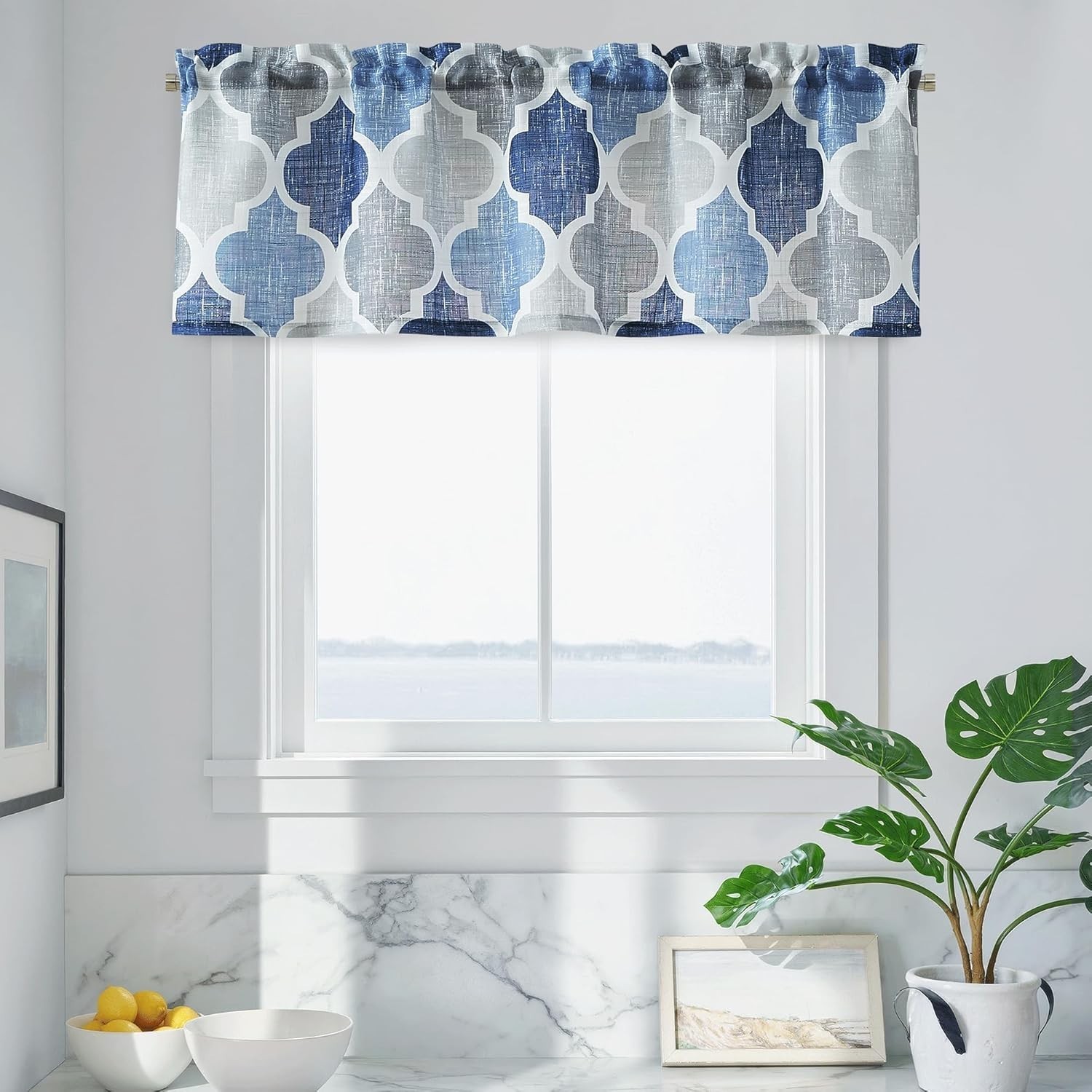Semi Sheer Valance Curtains Moroccan Tile Print Valance Quatrefoil Linen Texture
