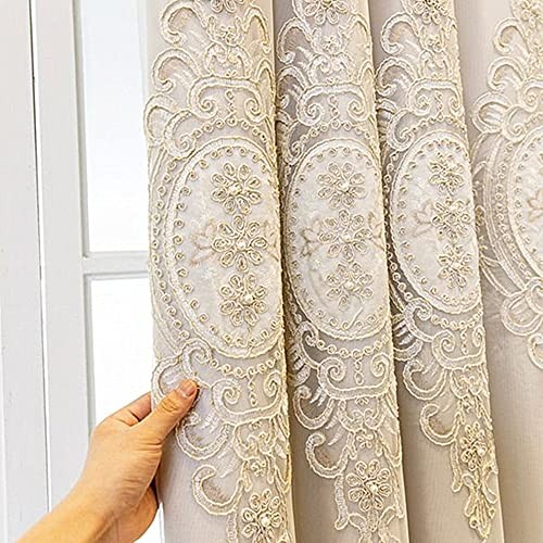 1 Pair Luxury 3D Flower Embroidered Curtains for 52″W x 84″L (Pack of 2) Beige