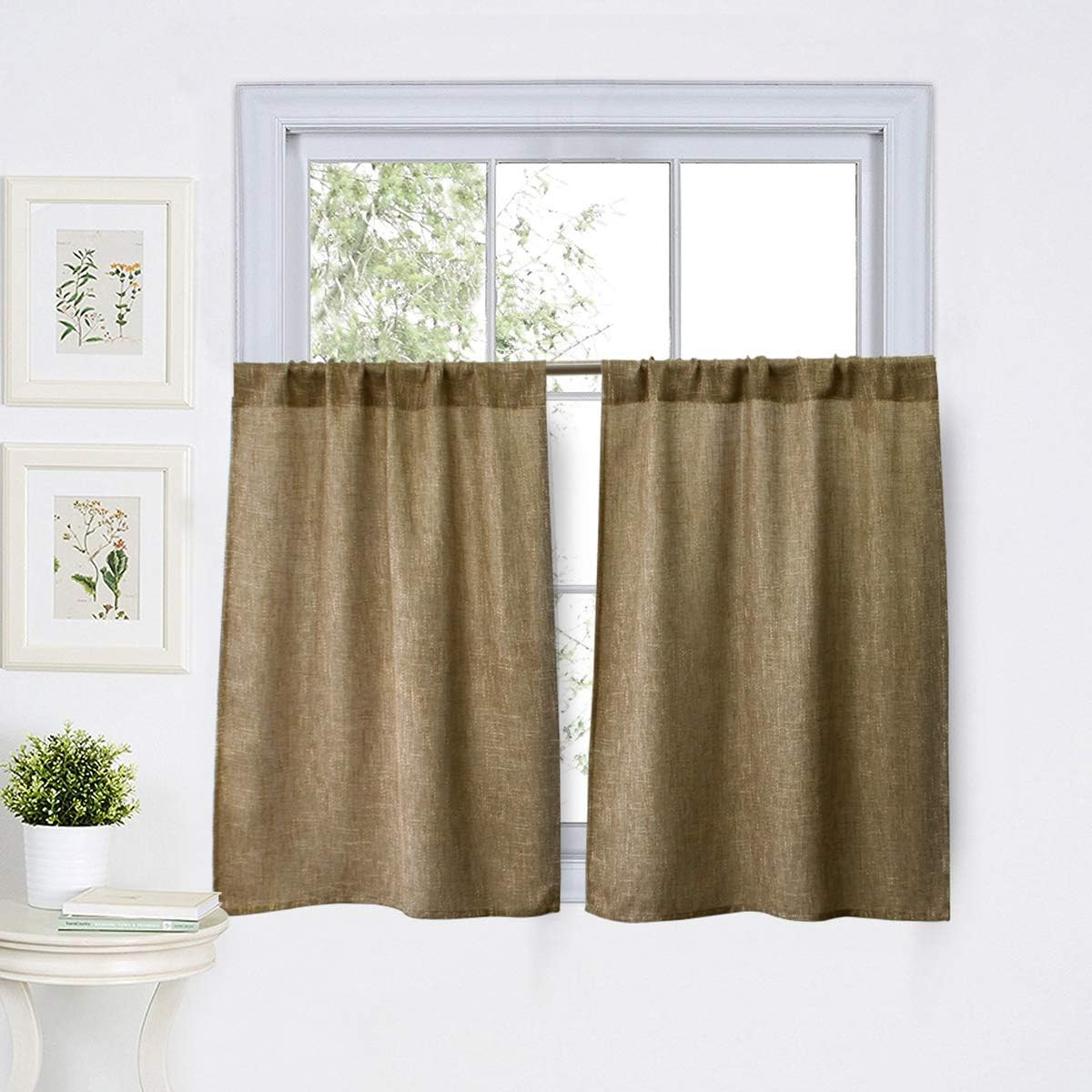 Burlap Tier Curtains for Kitchen Rustic Tan Rod Pocket Curtains for Short Window