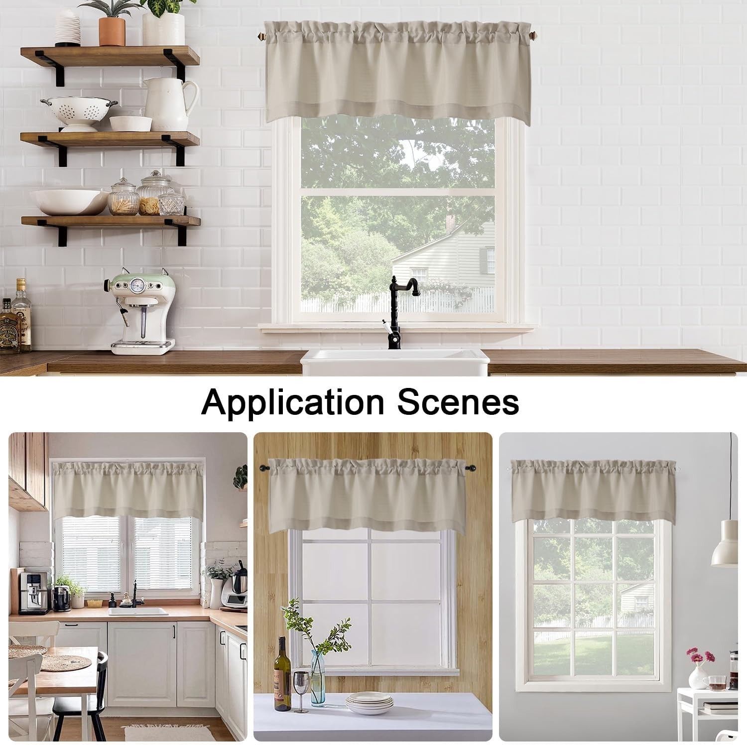 Moon Beige Valance for Windows, Light Filtering Faux Linen Textured Small Win…