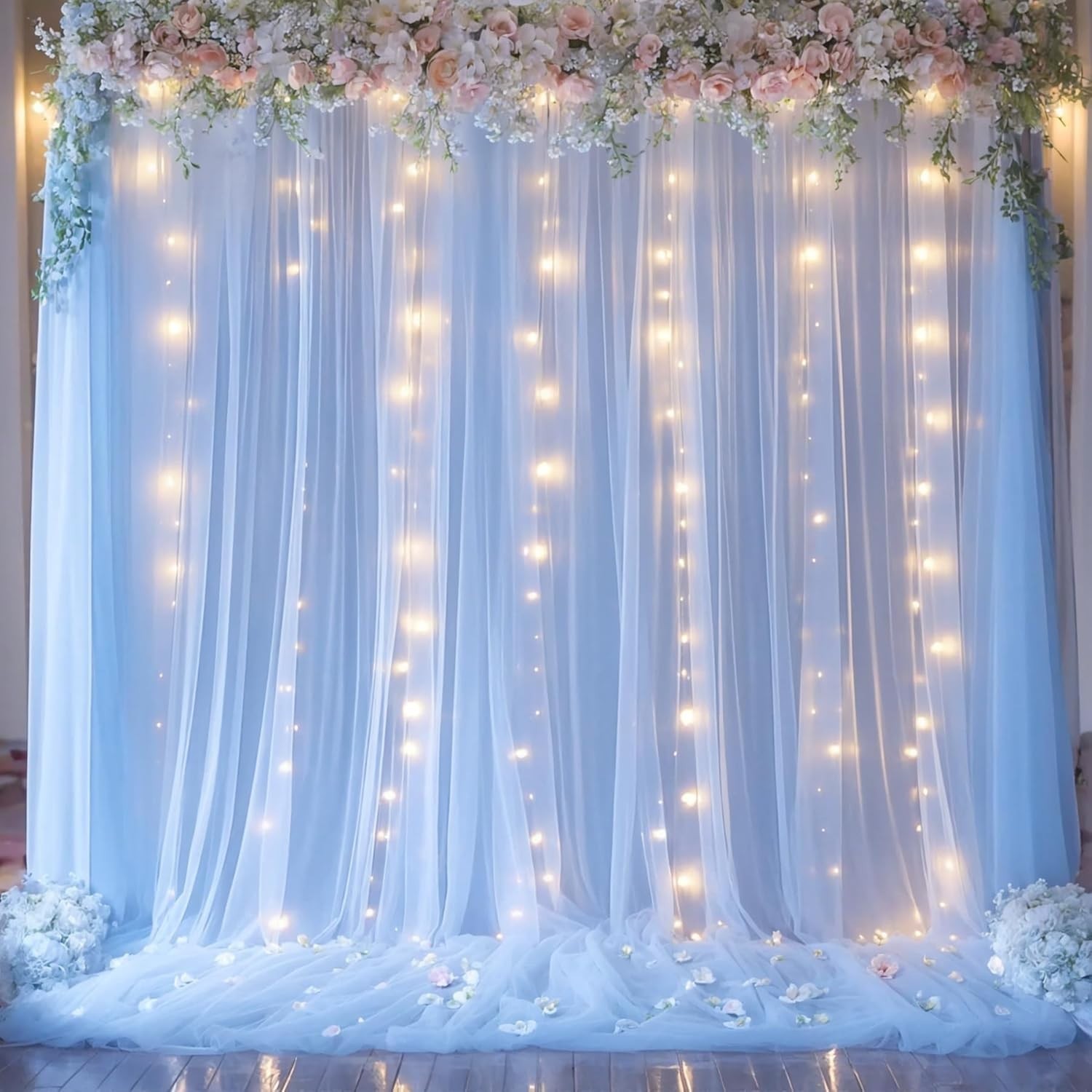 Soft Baby Blue Tulle Backdrop & LED Lights: Perfect for Celebrations 10ft x 8ft