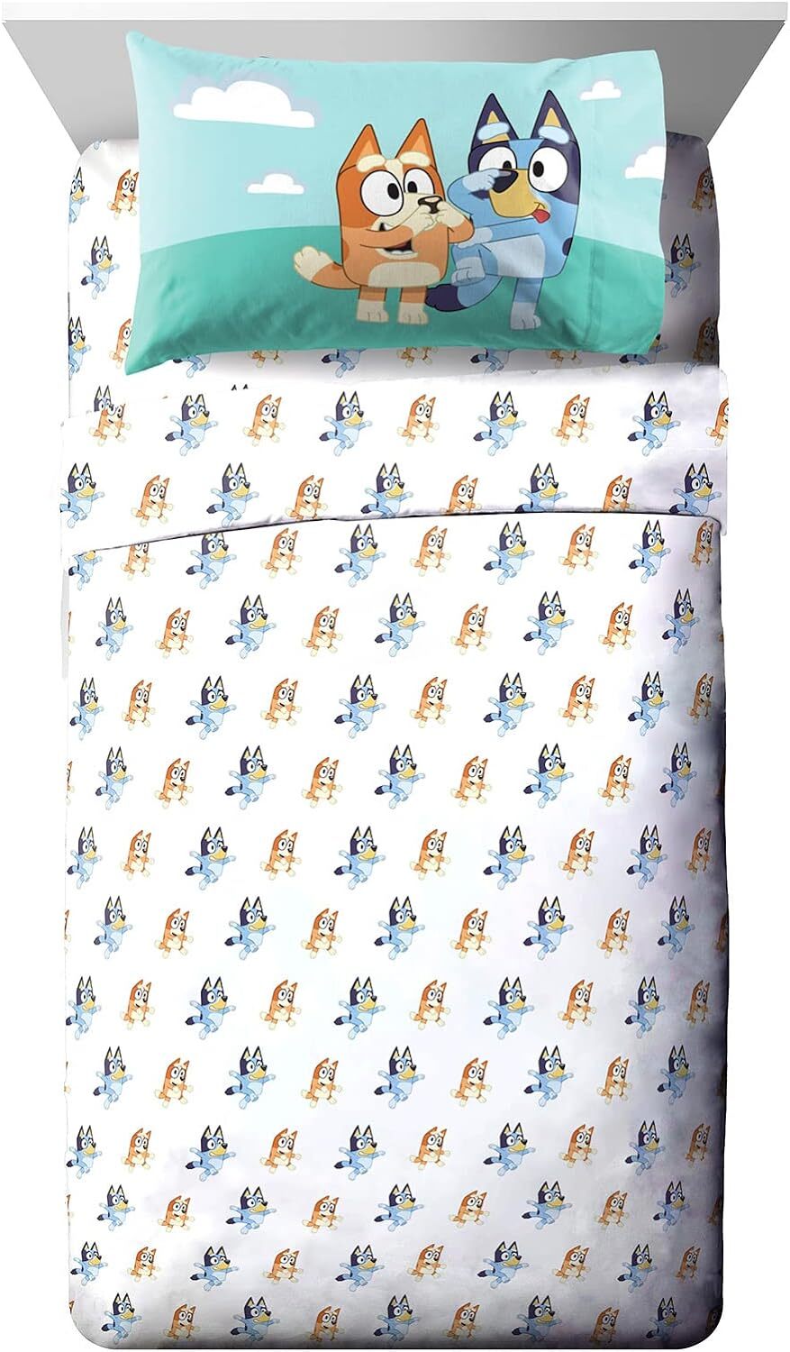 Jay Franco Bluey & Bingo Full Size Sheet Set – 4 Piece Full, White –