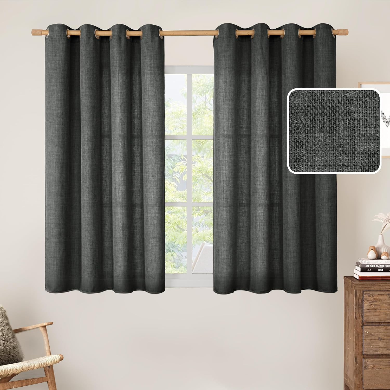 LAMIT Linen Curtains 45 inch for Bedroom, Grommet Thick Linen Textured Privacy D