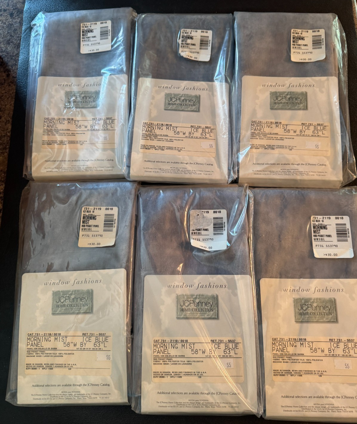 Lot of 6 JC Penney Home 58W” x 63L” Ice Blue Rod Pocket Panels New